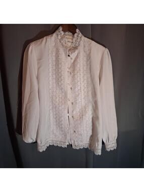 Vintage Bedford Fair Cream Lace Trim Button Front Blouse Size 10